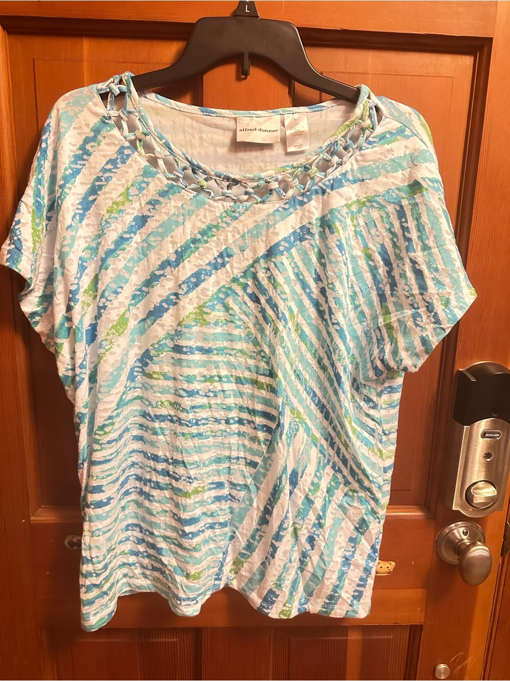 Alfred Dunner Blue & Green Striped Short Sleeve Top